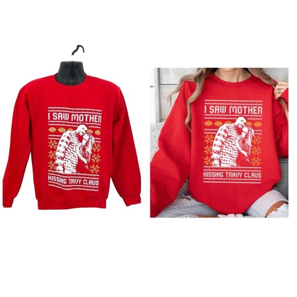 I Saw Mother Kissing Travy Claus Ugly Christmas Sweatshirt Size Small Red Taylor - Picture 3 of 9